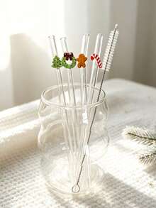 4/6Pcs Shatter Resistant Thick Borosilicate Reusable Glass Straws Set With Assorted Christmas Cartoon Charm,Cartoon Straight Clear Party Glass Drinking Straw, Straw Topper For Kitchen Accessories,Cold Drinks,Milk Tea,Coffee,Juice,Bar,Home,Restaurants - View 13