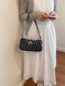 2026新款女式極簡主義單肩包，白色小波點休閒通勤腋下包，小眾波點元素搭配法式女孩風，適合情人節禮物、日常手提包、購物、約會，女性禮物 XXOO Love，適合青少年女孩、大學生、職場新人與白領，完美適用於辦公室、大學、工作、商務、通勤 - 黑色 - 查看 3