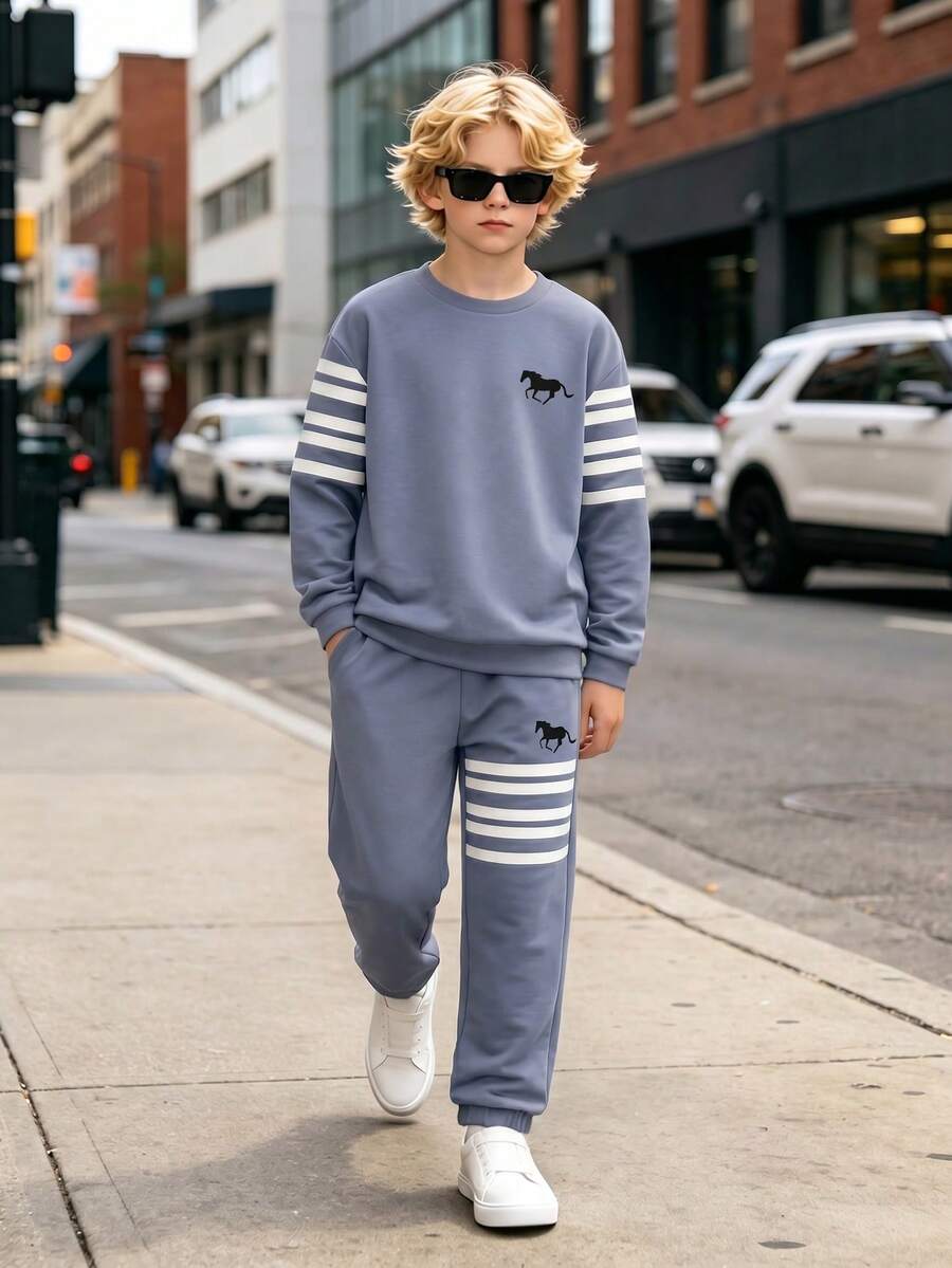 Boys' Spring/Autumn 2-Piece Set, Striped Pony Print Crew Neck Long Sleeve Top With Matching Jogger Sweatpants, Suitable For School And Outdoor Activities - Blue - View 1