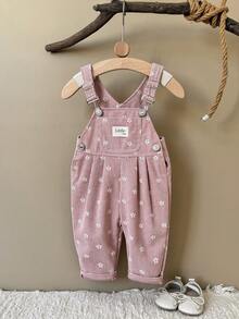 Baby Girl Pink Ditsy Floral Overalls, Adjustable Shoulder Straps, Vintage Versatile - Pink - View 3
