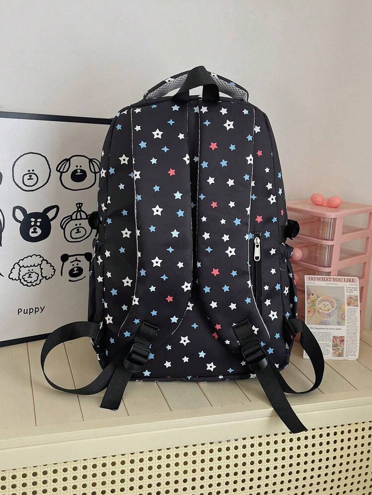 Dedoo Colorful Star Print 3Pcs Backpack Set, Label Decor Multi Zipper Pockets Adjustable Straps Student Bag For School Daily Travel Without Pendant - Black - View 9