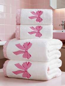 Cute Soft Absorbent Embroidered Bow Towels Set Decorative For Bathroom Home Hotels Bridal Shower Wedding Holiday Kitchen Decor Gift (Bow Pink, 3 Packs ) - Pink - View 1