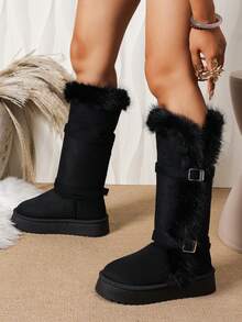 Women's Round Toe Mid-Calf Thick Sole Snow Boots Cool Korean Style Winter Black Warm Versatile Tall Snow Boots - Black - View 4