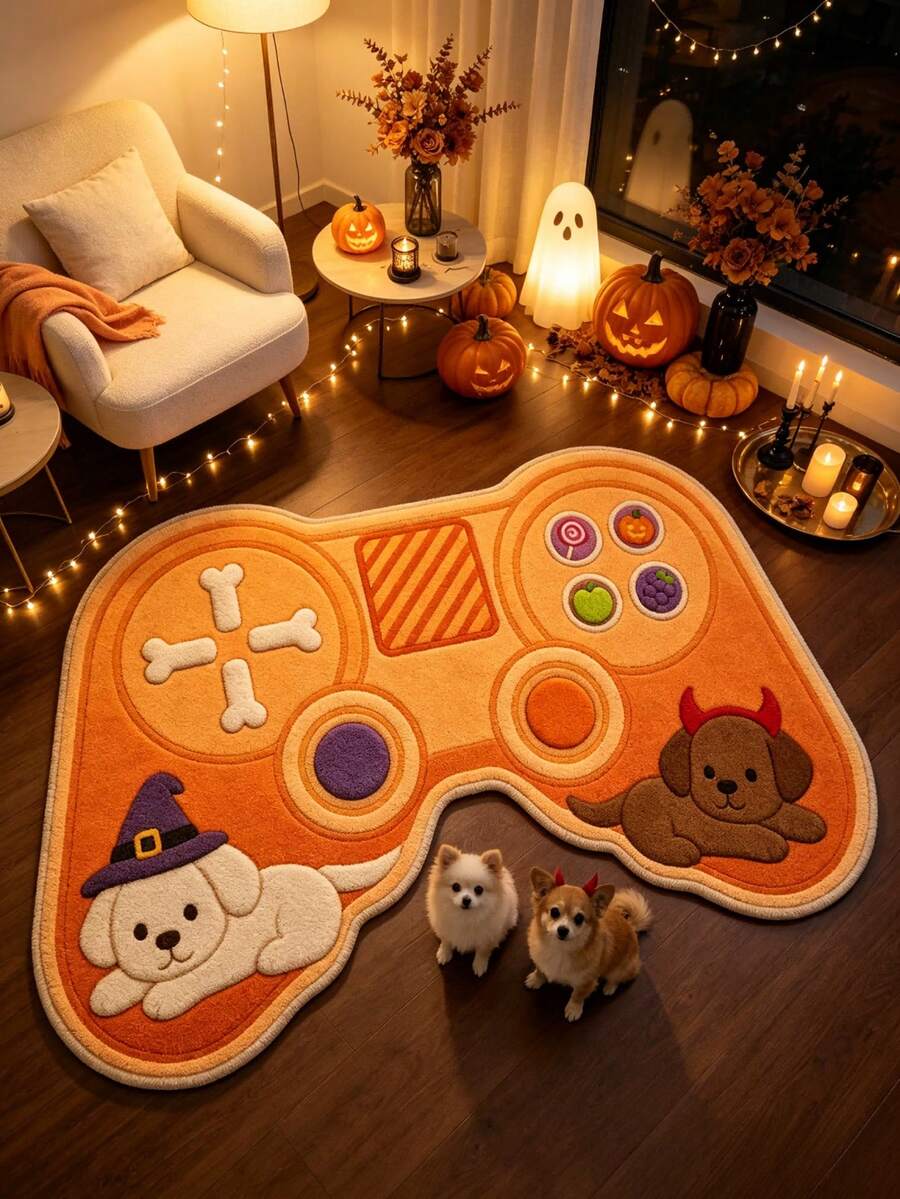 1 pieza Alfombra de controlador de juego de cachorro naranja, alfombra de sala de estar, regalo de Halloween, alfombra de baño, lavable - Mando de juegos de perrito naranja - Ver 1