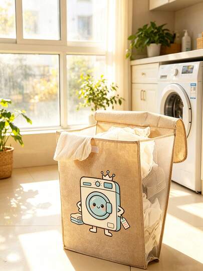 Washing Machine Pattern Printed Wall-Mounted Laundry Basket, Large Foldable Dirty Clothes Storage Bin, Suitable For Dorm Life, Hook, Space-Saving Hanging Storage, Applicable For Bathroom And Small Apartment, Laundry Basket, Storage Bin, Home Essential