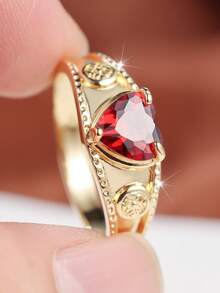 A Vintage-Style Ring Set With A Heart-Shaped Red Cubic Zirconia, Perfect For Both Everyday Wear And Romantic Parties. - Golden Yellow + Red - View 10