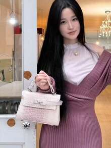 Sweet Cool Y2K High-End Lock Design Crocodile Embossed Small Square Bag Versatile Shoulder Crossbody Handbag - Pink - View 5