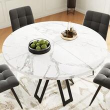 Mesa de comedor redonda (100 x 100 x 76 cm), mesa redonda ligera y lujosa para 4-6 personas, adecuada para comedor y sala de estar, patas doradas, sobremesa con efecto mármol en MDF - Negro - Ver 3