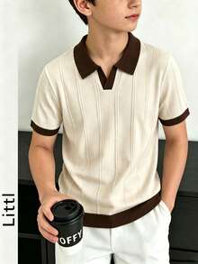 Suéter POLO de manga corta con cuello de contraste y tejido de punto jacquard calado para niños - Albaricoque - Ver 7
