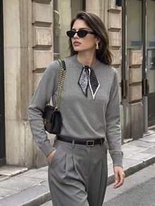 Women's Autumn/Winter Mixed Gray Crew Neck Knit Top With Paisley Print Scarf Tie, Commute Work Top - Grey - View 7