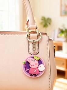 Peppa Pig Theme 2D Keychain Cartoon 2 Peppa Pig Round Key Chain With Red Dress, Crown, Magic Wand, White Wings. Material: Waterproof And Scratch-Resistant Metal Ring Chain. Can Be Hung With Car Keys Or Luggage Box. Cartoon Decorative Pendant. - Multiple Styles - View 6