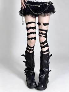 STAR RIVER 1 par de calcetines de red calados con lazo dulce hasta la rodilla, medias sexys Y2K/Goth/Lolita, vuelta al colegio. - Multicolor - Ver 2