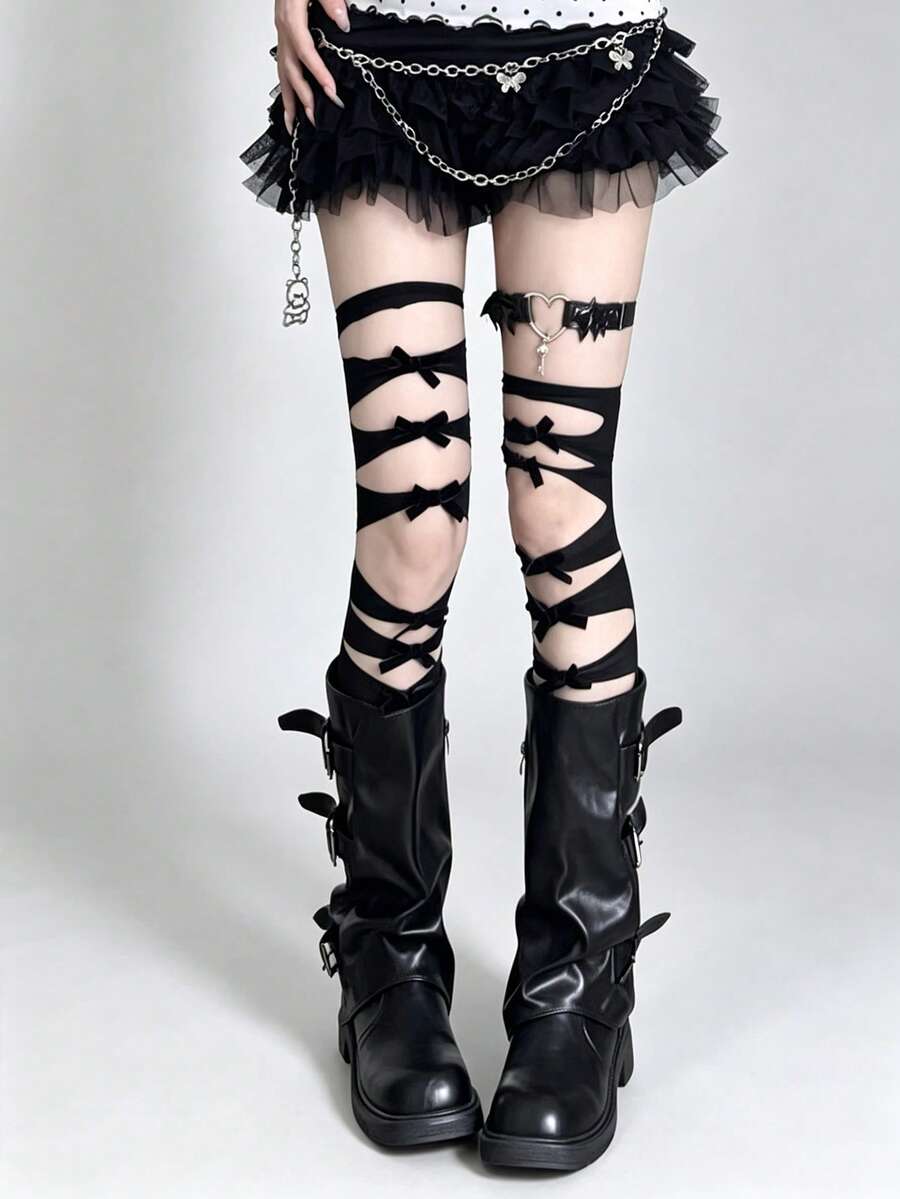 STAR RIVER 1 par de calcetines de red calados con lazo dulce hasta la rodilla, medias sexys Y2K/Goth/Lolita, vuelta al colegio.