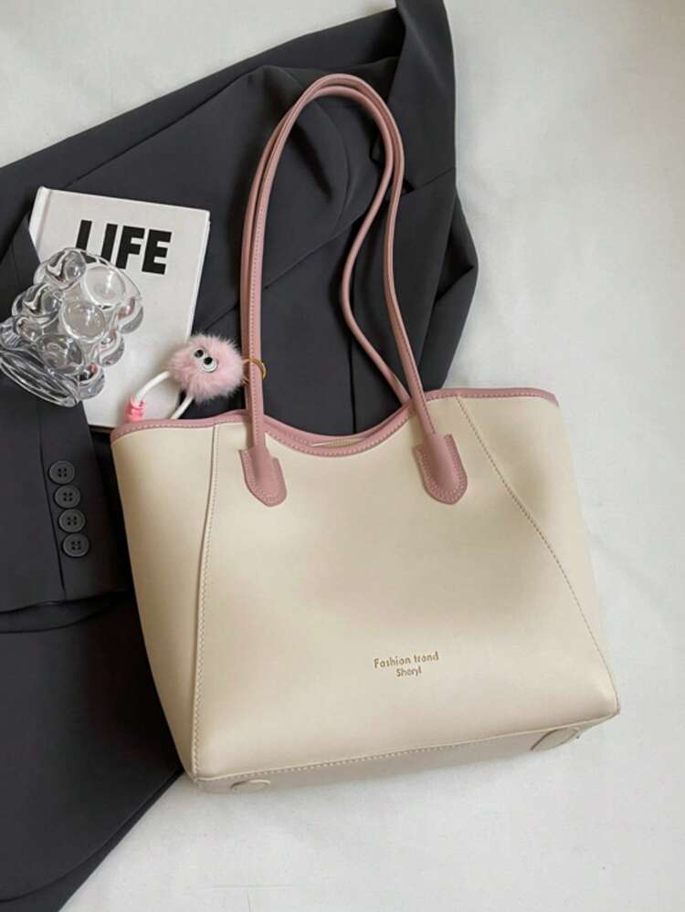 Women's Shoulder Tote Bag, Solid Color & Dual Tone, Plush Monster Doll Pendant, Zipper Closure, Large Capacity, Sweet Commute Daily Work Shopping Handbag - Pink - View 8