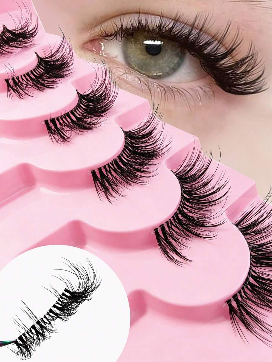 7對 14mm 半截假睫毛 貓眼妝感 尾端加長 透明睫毛梗 3/4角 條狀假睫毛 - 黑色 - 查看 1