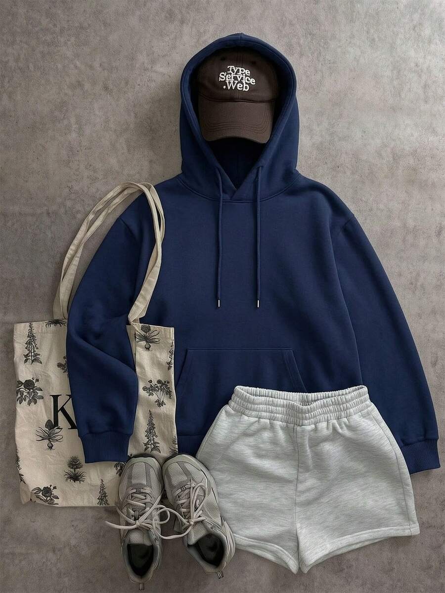 Women's New Autumn/Winter Solid Color Hooded Sweatshirt, Drawstring Design, With Pockets, Casual Versatile Loose Fit Top, Fashionable Everyday Wear - Navy Blue - View 1