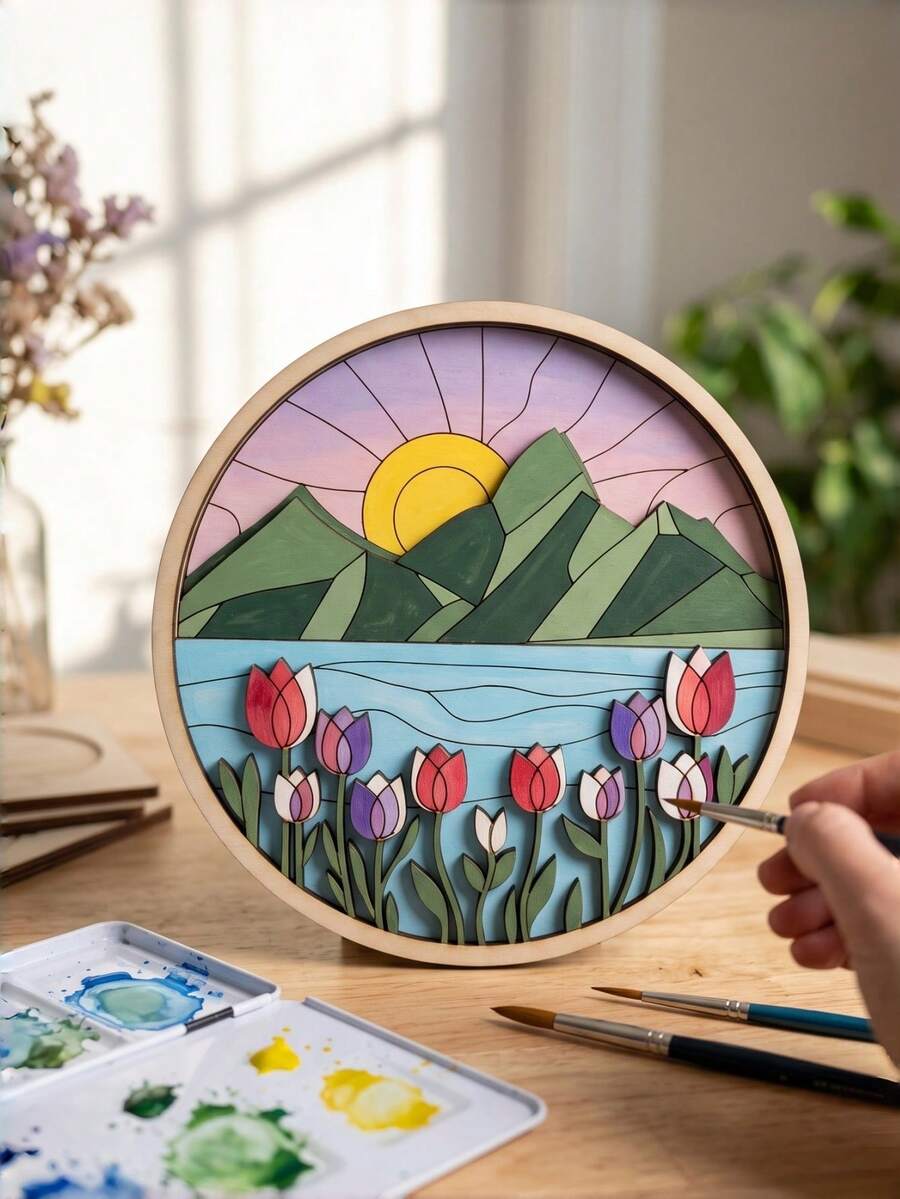DIY Hand-Painted Floral Wooden Craft Kit, Home Decor Wooden Art, Paintable Layered Wooden Floral Art Set - Floral Round Decoration - View 1