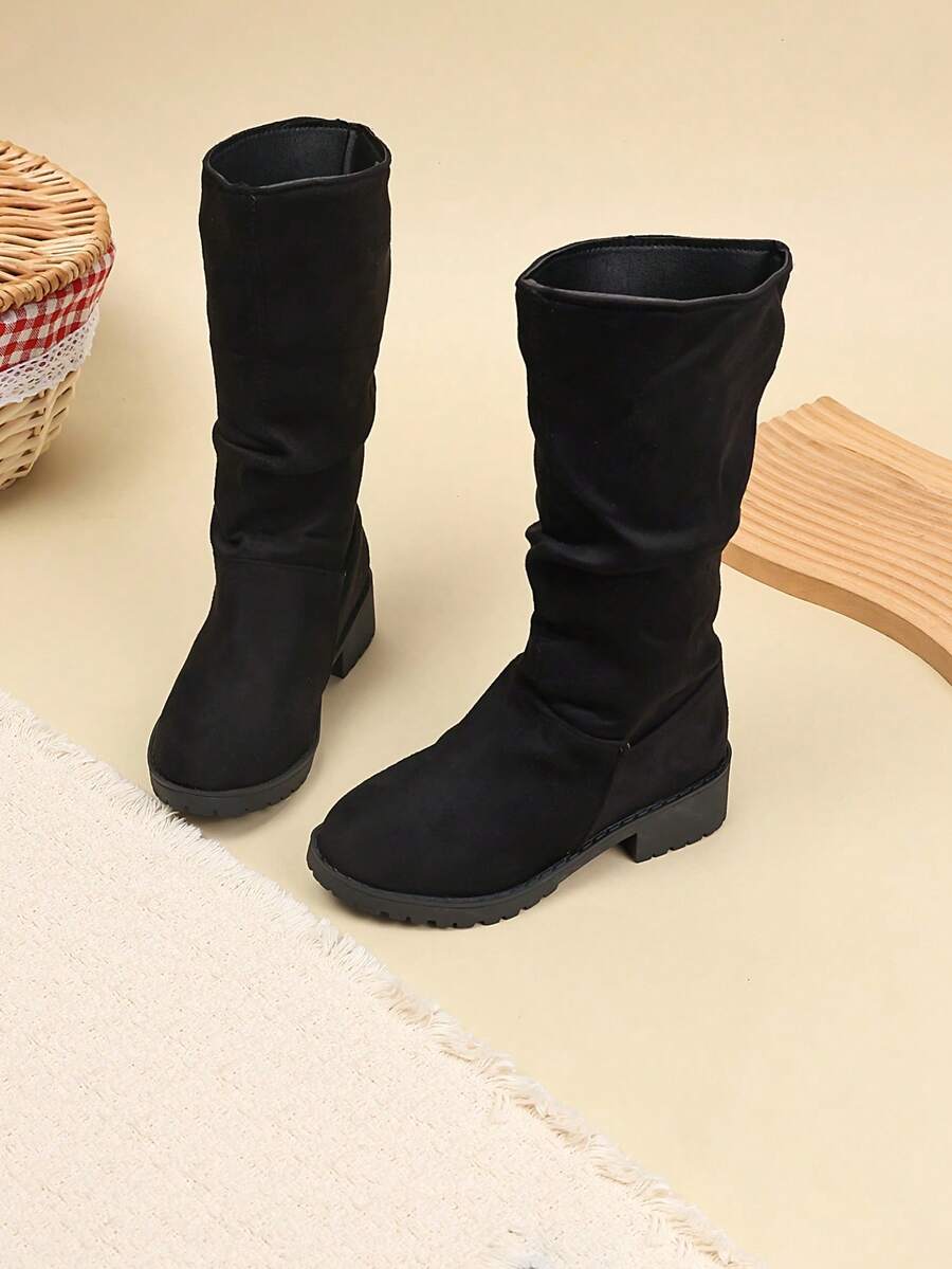 Sepatu Bot Anak Perempuan Hitam Suede Berlipit Setinggi Betis, Hak Rendah Anti Selip, Sepatu Bot Longgar Serbaguna untuk Musim Gugur/Dingin - Hitam - View 1