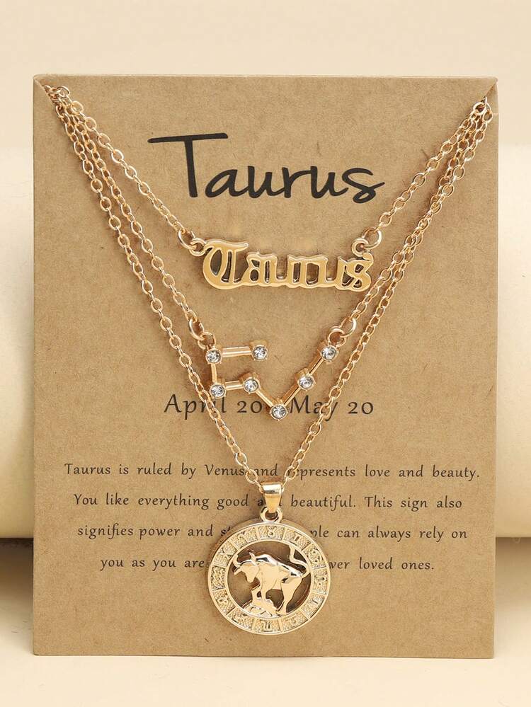 3pcs Stackable Zodiac Symbol Pendant Collarbone Chain Necklace Set, Birthday Gift For Women, Gold Plated Necklace Set - Yellow Gold - View 16