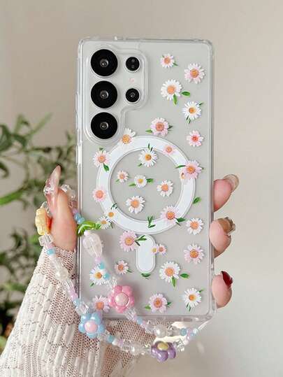 1pc Pink Daisy Flower Magnetic Transparent Phone Case With Lanyard, Full Coverage Shockproof Phone Case. Suitable For S21/22/23/24/25/PLUS/FE/U/S25PLUSS/25U/S25DEGE/S25FE Models, Back To School Gift