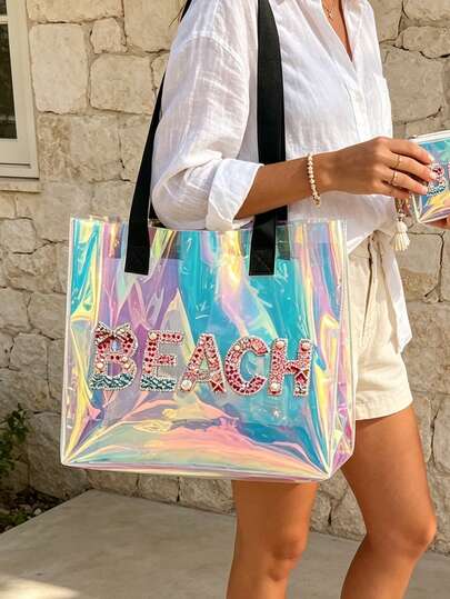 Holographic Laser Transparent PVC Beach Tote Bag, Large Capacity Beach Letter + Matching Pattern Zipper Pouch, Waterproof, Sand-Resistant, Easy To Clean, Can Store Swimwear, Towels, Sunscreen, Cosmetics, Suitable For Beach Vacation, Pool Party, Camping Picnic, Short Trip, Suitable For Students, Moms, Travel Girls, Qixi Festival, Birthday, Summer Festival Gift, Also Can Be Used As Toiletry Bag, Shopping Bag, Travel Storage Bag, Graduation Season, Back To School, Teacher's Day
