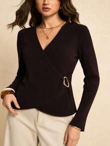 French Style Cross-Wrap V-Neck Pleated Long Sleeve Blouse With Side Ring Buckle Waist Cinch, Slim Fit Commuter Versatile Coffee Brown Top - Coffee Brown - View 7
