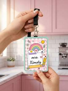 1pc Customized Teacher Name Badge Lanyard, Personalized School Supplies Graffiti ID Card Holder, Back To School, Teacher Appreciation Gift, Luggage Name Tag - Multicolor - View 7