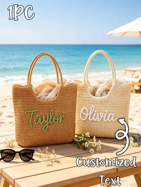 CFUNIQ 1pc Personalized Straw Beach Tote Bag, Customizable Name Embroidery, Letter Combination Summer Travel Tote Bag, Bridesmaid Gift, Bachelorette Party Gift, Travel Beach Bag, Wedding Favor, Travel Accessory, Beach Vacation Bag