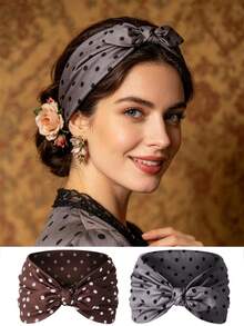 2Pcs Women's Polka Dot Rabbit Ear Wide Headband, Casual Daily Hair Accessory - Multicolor - View 9