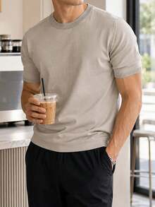 Men's Casual Solid Color Short Sleeve Pullover Knitted Top, Spring/Summer - Khaki - View 3