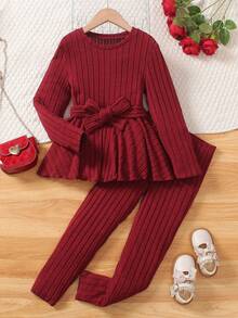2pcs/Set Tween Girls Bowknot Tie-Waist Crew Neck Sweatshirt & Ribbed Sweatpants, Autumn - Red - View 2