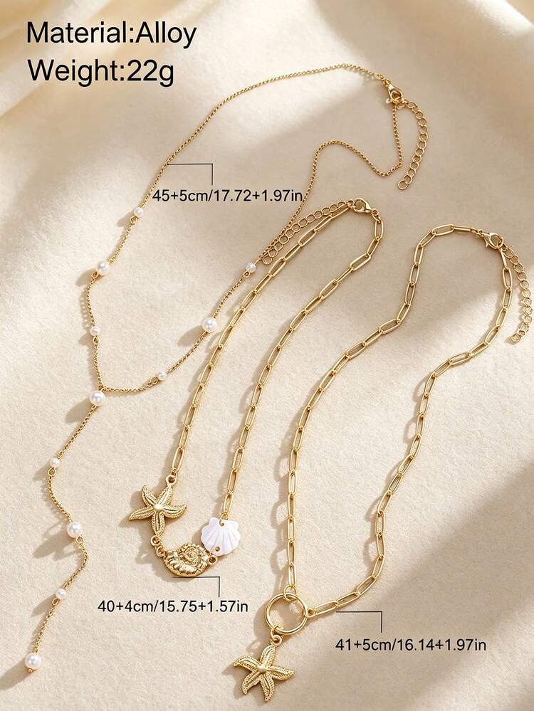 3件組時尚極簡優雅度假風女款項鍊套組，貝殼與人造珍珠元素，適合日常穿搭、派對、度假、約會、通勤，節日送給家人與女友的完美禮物 - 金色 - 查看 4