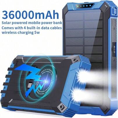 Solar Power Bank 36800mAh, Portable Wireless Charger, 5W Fast Charging External Battery Pack, 4 Built-In Cables With 2 USB And Type-C Input/Output For Phones, Solar Panel Charging With Dual Flashlights, Suitable For Camping, Hiking, Camping Flashlight, Guide, Climbing