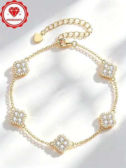 HALPIO 1pc Women's Four-Leaf Clover Moissanite Bracelet, 2.5mm*20pcs Round Moissanite, Fashion Jewelry For Women, Suitable For Engagement, Wedding, Birthday And Other Occasions, Adjustable Length 21.5cm/8.5in