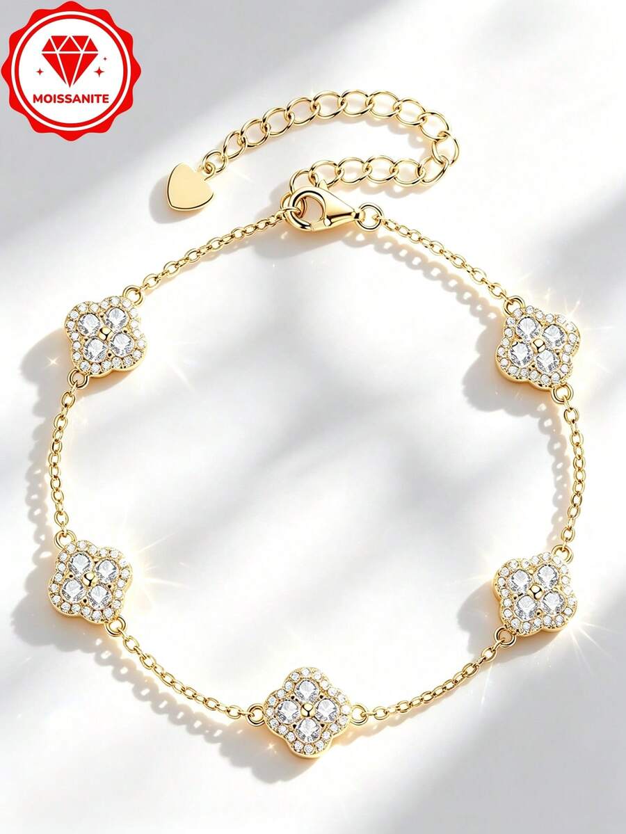 HALPIO 女士四叶草莫桑石手链，20颗2.5毫米圆形莫桑石，时尚饰品，适合订婚、婚礼、生日等场合佩戴，长度可调节，21.5厘米/8.5英寸