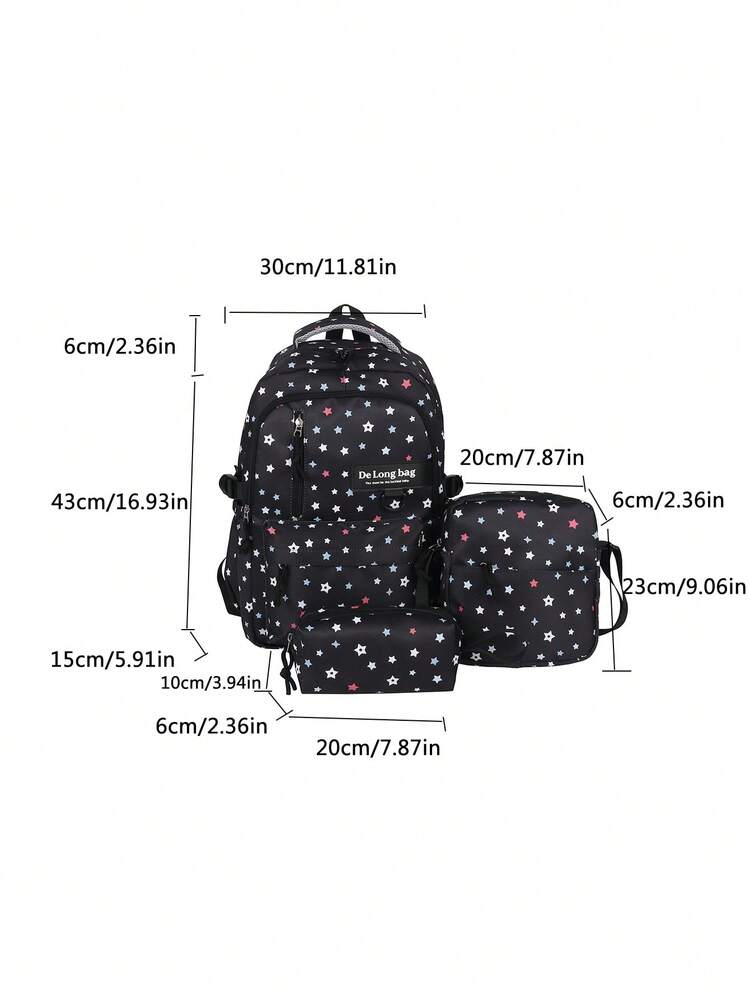 Dedoo Colorful Star Print 3Pcs Backpack Set, Label Decor Multi Zipper Pockets Adjustable Straps Student Bag For School Daily Travel Without Pendant - Black - View 10