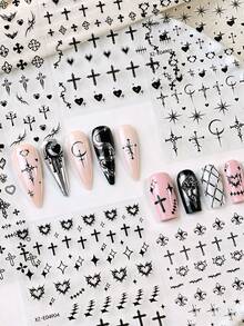 6 Sheets Y2K Gothic Cross Nail Art Decals, Black Punk 3D Cross Moon Star Nail Stickers, Self-Adhesive Metallic Cross & Starlight DIY Manicure Supplies For Women - Black - View 6