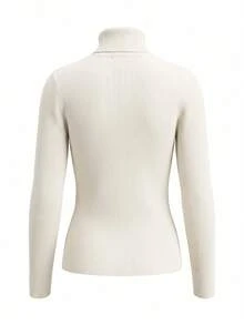 Ladies Spring Autumn Solid Off White Stretch Turtleneck Fitted Soft Knit Daily Top - Apricot - View 6