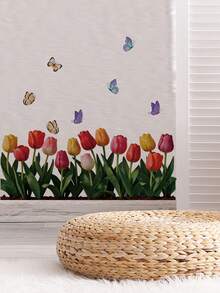 Watercolor Spring Tulip Waistline Wall Sticker, Multicolor Flowers And Butterflies, Self-Adhesive Waterproof, Suitable For Bedroom And Kitchen Baseboard And Wall Corner Decoration, French Cream Country Style Wall Surface Renovation Soft Sticker - Wall Stickers - View 7