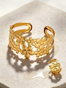 VceTd 1 Set Elegant Style Stainless Steel Women's Jewelry Set With Floral Design, Suitable For Vacation/Outing/Date Wear - Yellow Gold - View 1