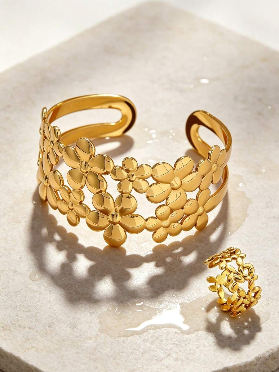VceTd 1 Set Elegant Style Stainless Steel Women's Jewelry Set With Floral Design, Suitable For Vacation/Outing/Date Wear - Yellow Gold - View 1
