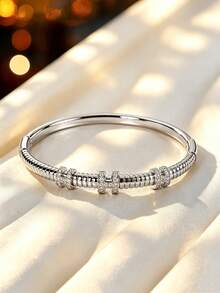 1pc Vintage Cylindrical Texture H Element Zirconia Inlaid Bracelet, Niche Design Commuter Layering Versatile Atmospheric Elegant Hand Accessory - Bracelet - View 7