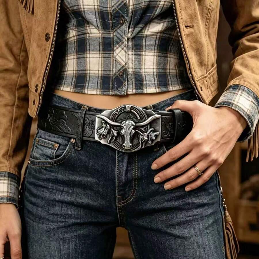 1pc Men's Western Style Denim Fashion Casual Vintage Plus Size Alloy Buckle Premium Belt - Multicolor - View 1