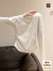 Women's Autumn/Winter Pure Cotton Long Sleeve V-Neck T-Shirt, Floral Grey Solid Color Versatile Slimming Inner Layer Base Top - Gray - View 2
