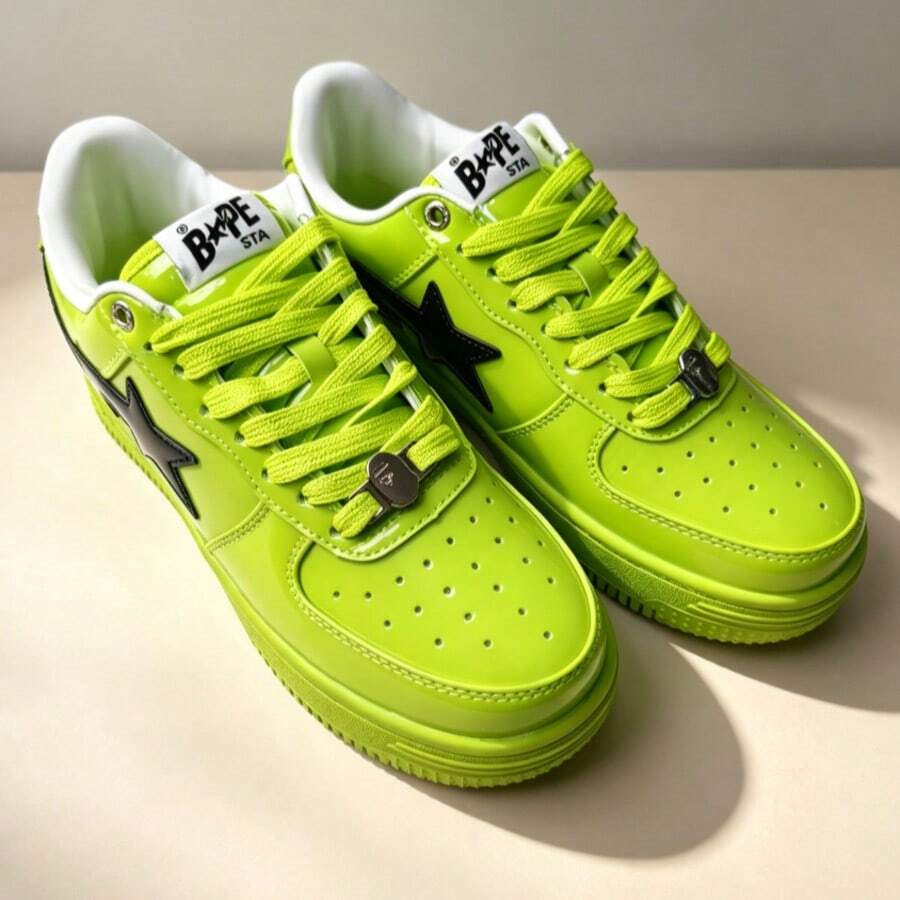 A BATHING APE Bape Casual Skate Shoes Color-Block Star Logo Glossy Casual Shoes Neon Green Men's Women's