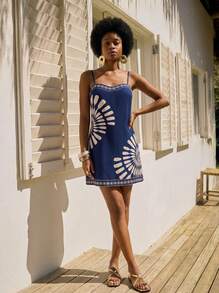 CAJUNI Vacation Casual Tropical Boho Geometric Print Camisole Dress Bohemia Werstern Parrot Pattern Elegant - Navy Blue - View 3