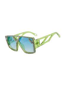 1PC Women's New Double Bridge Square Frame Full Rhinestone Sunglasses, Cool Vintage Textured Daily Casual Street Commute Driving Travel Beach Vacation Photo Versatile Fashion Accessory - Multicolor - View 15