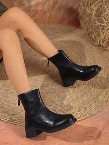 Back Zipper Glossy Chunky Heel Ankle Boots Vintage Split Seam Round Toe Layered Chunky Heel Loose Straight Shaft Minimalist Fashion Boots - Black - View 4