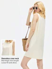 Leorrey 1pc Women's Fashion Long Tank Dress, Round Neck, Sleeveless, Ruched Cuffs, Loose, Soft, Comfortable, Sports Dress - Beige - View 3