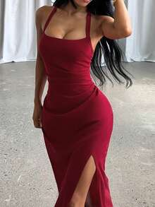 Summer, Party Elegant Dress, Sexy Pleated Slit Wedding Guest Dress, Women's Vacation Wear, Beach, Festival, Back To School - Burgundy - View 2